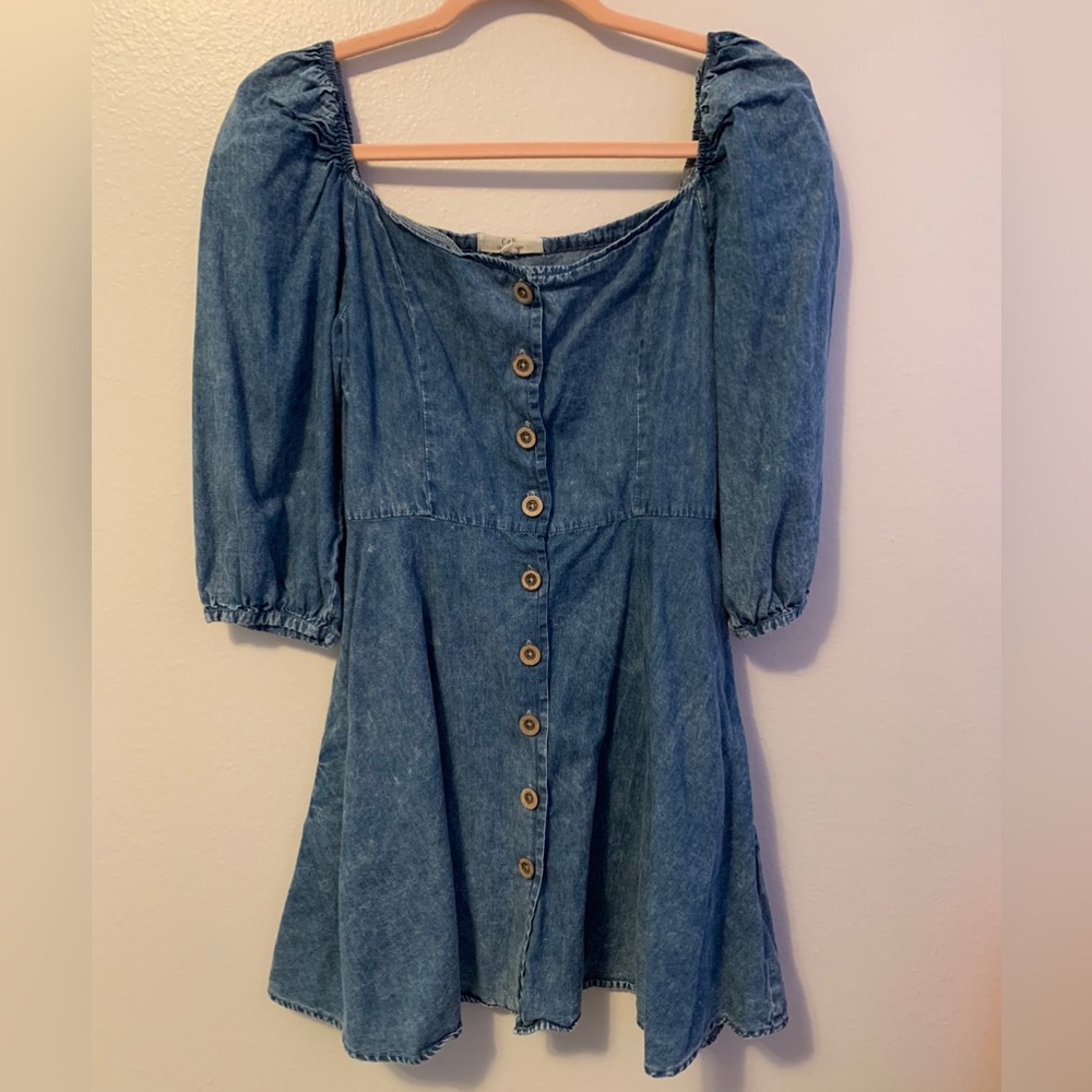 Puff-Sleeve Mock Denim Dress with Pockets!